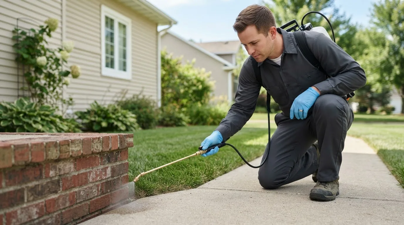 Pest control technician treating a home near Beirne, AR
